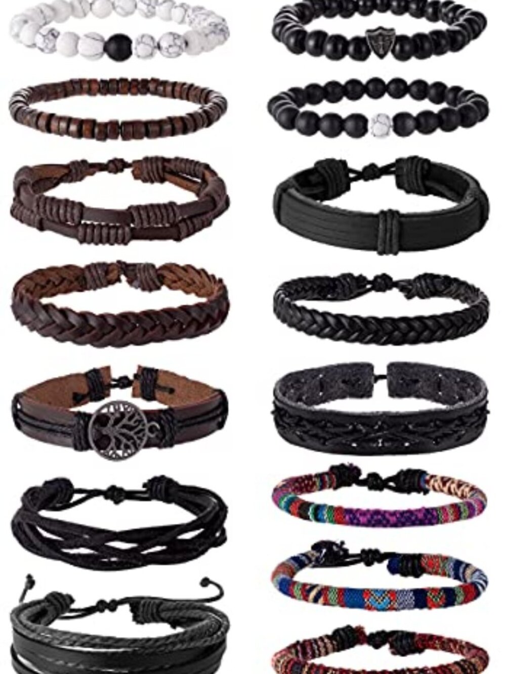 New - 15Pcs Braided Leather Bracelet Boho Cuff Wrap String Wood Bead Woven